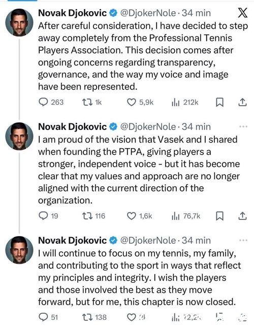 德约科维奇宣布退出职业网球运动员协会